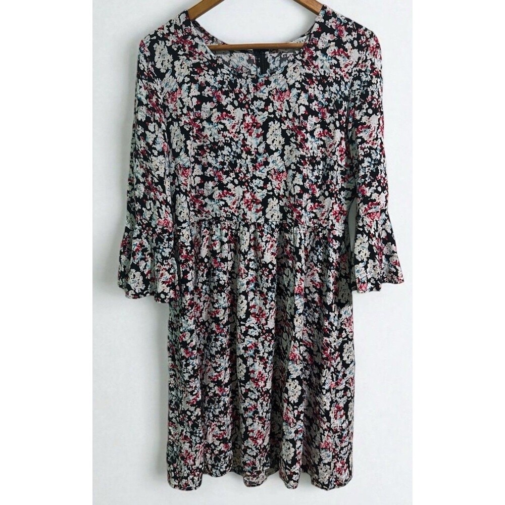 DownEast Dress Women’s M Floral Black Midi Long Sleeve Empire Waist Boho